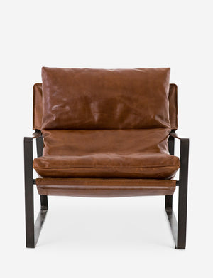 Brown leather Marlyne sling-back accent chair with black metal frame