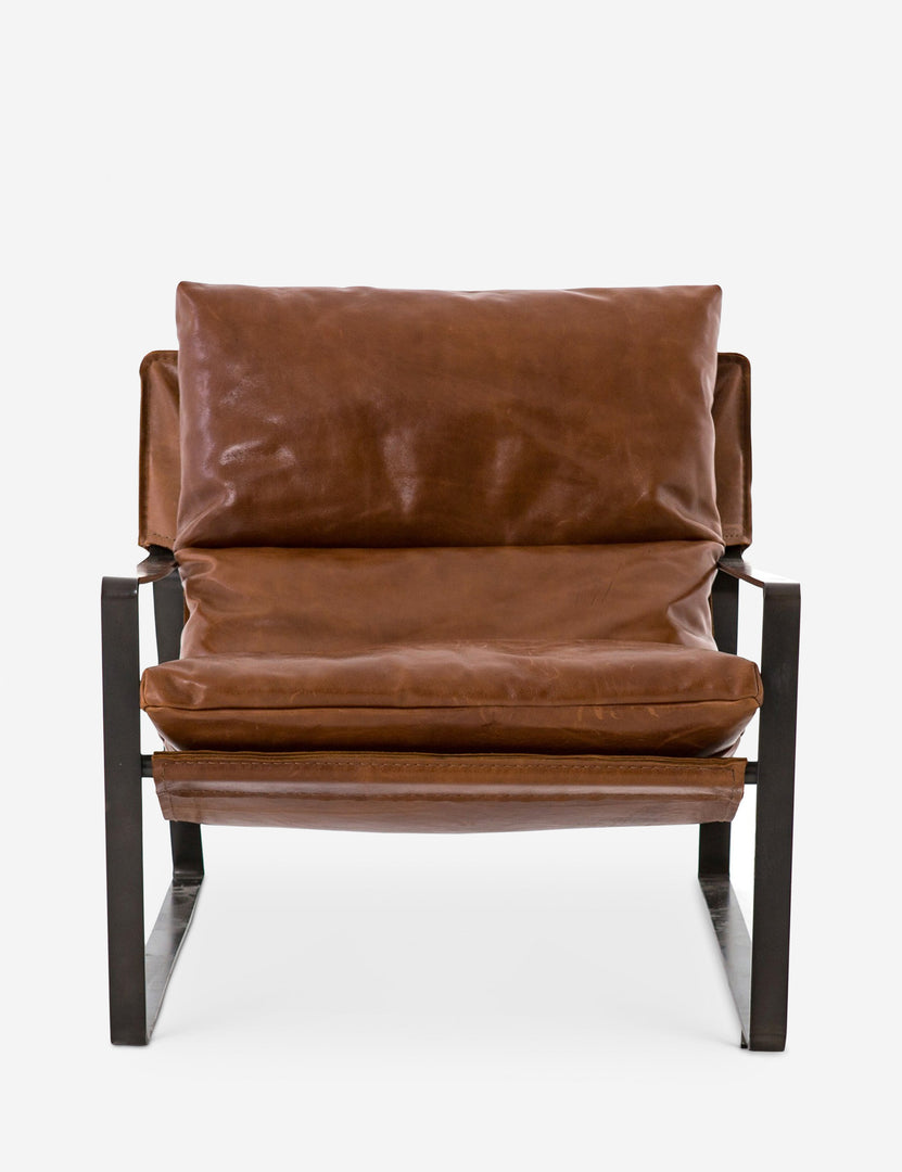 | Brown leather Marlyne sling-back accent chair with black metal frame