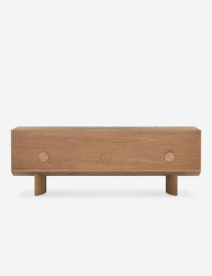 Back of the Remwald sculptural oak wood low profile media console with cable cutouts.