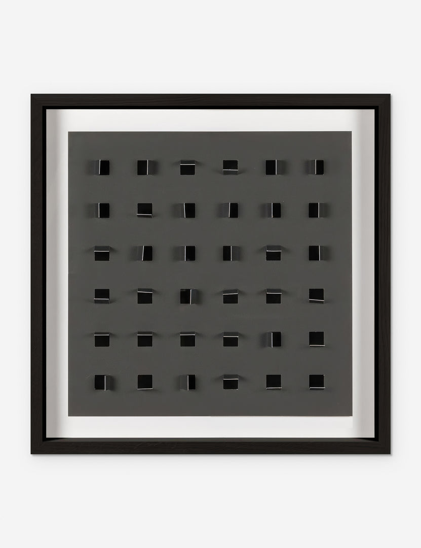 #color::charcoal-and-black #size::24--x-24- | See Through small charcoal gray and black wall art featuring square paper cutouts with flaps on a linen backdrop