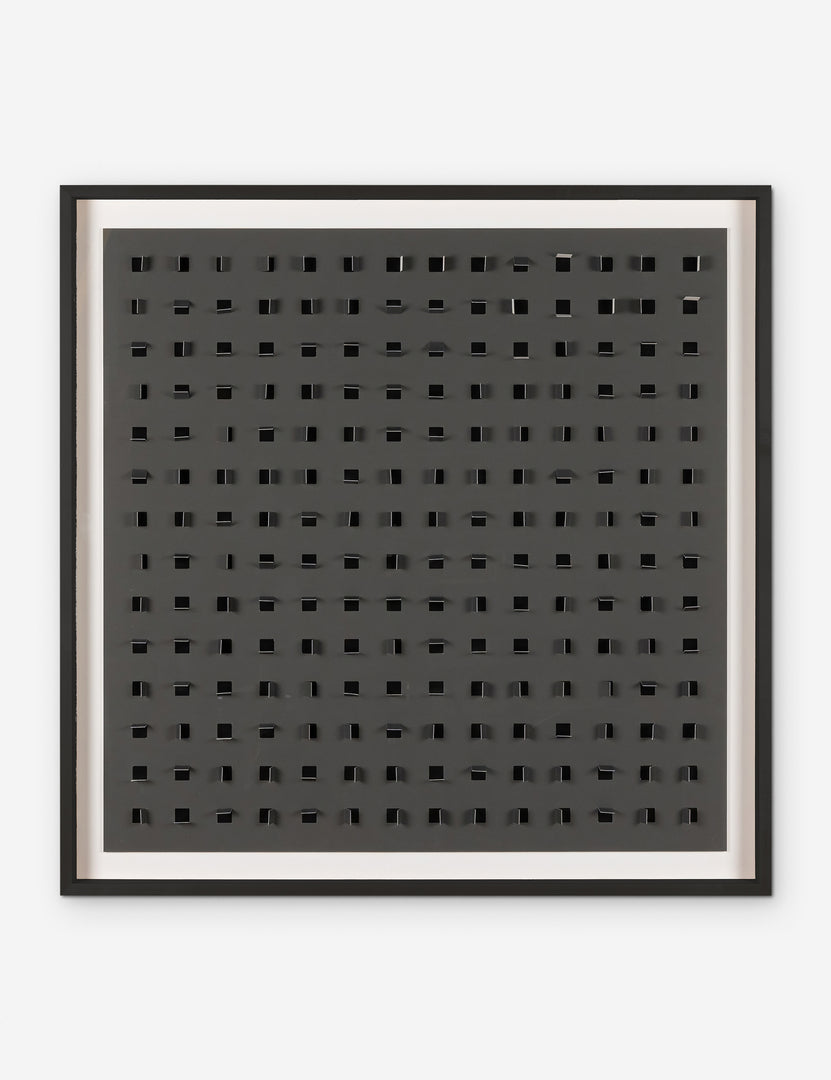 #color::charcoal-and-black #size::48--x-48- | See Through charcoal gray and black wall art featuring square paper cutouts with flaps on a linen backdrop