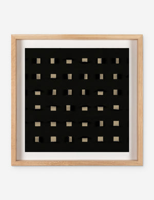 See Through small tan and black wall art featuring square paper cutouts with flaps on a linen backdrop