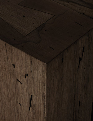 Close up view of the Bevan bench in brown wood grain.