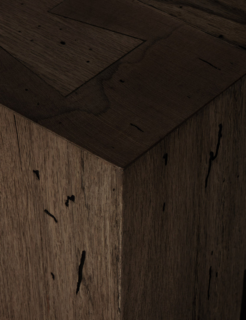 #color::brown | Close up view of the Bevan bench in brown wood grain.