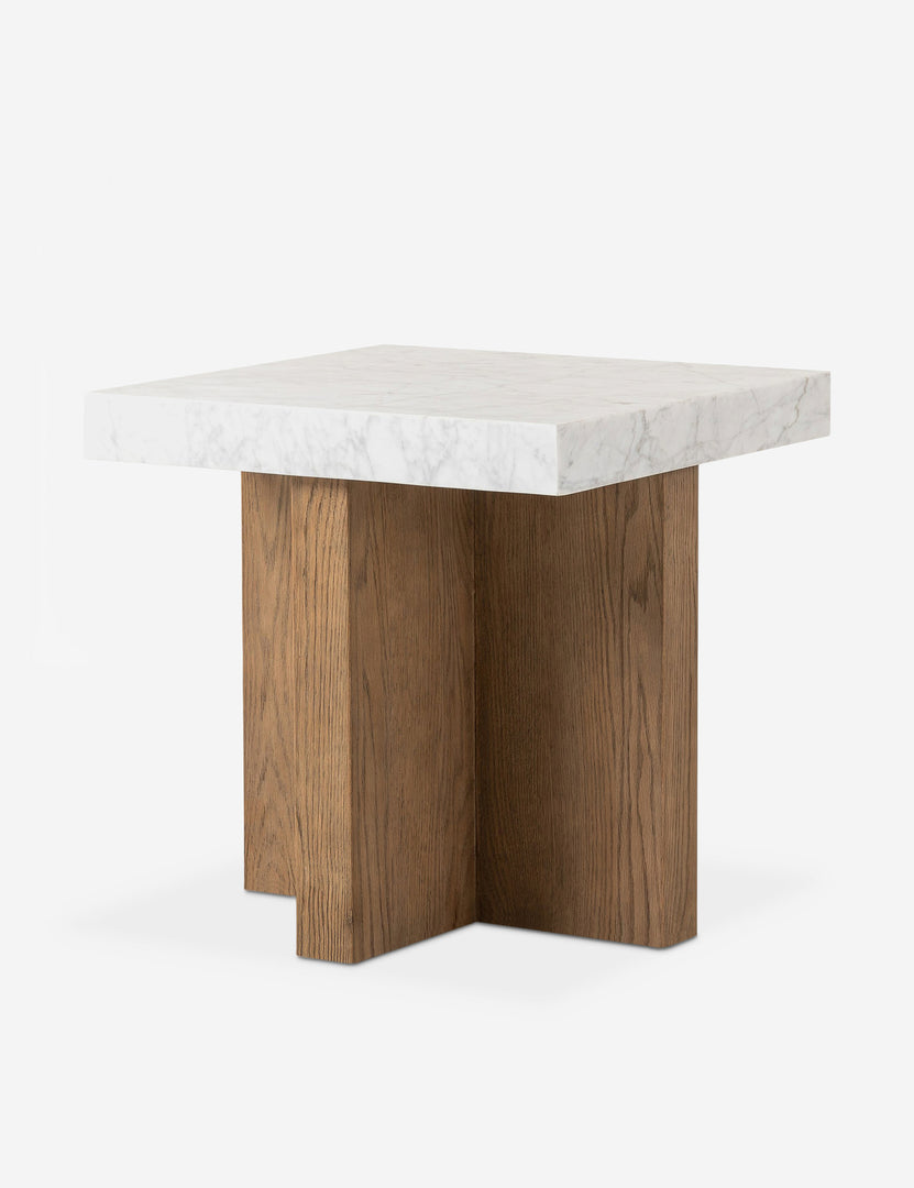 #color::brown-and-marble | Angled view of the Ozawa mixed-material, marble top side table.