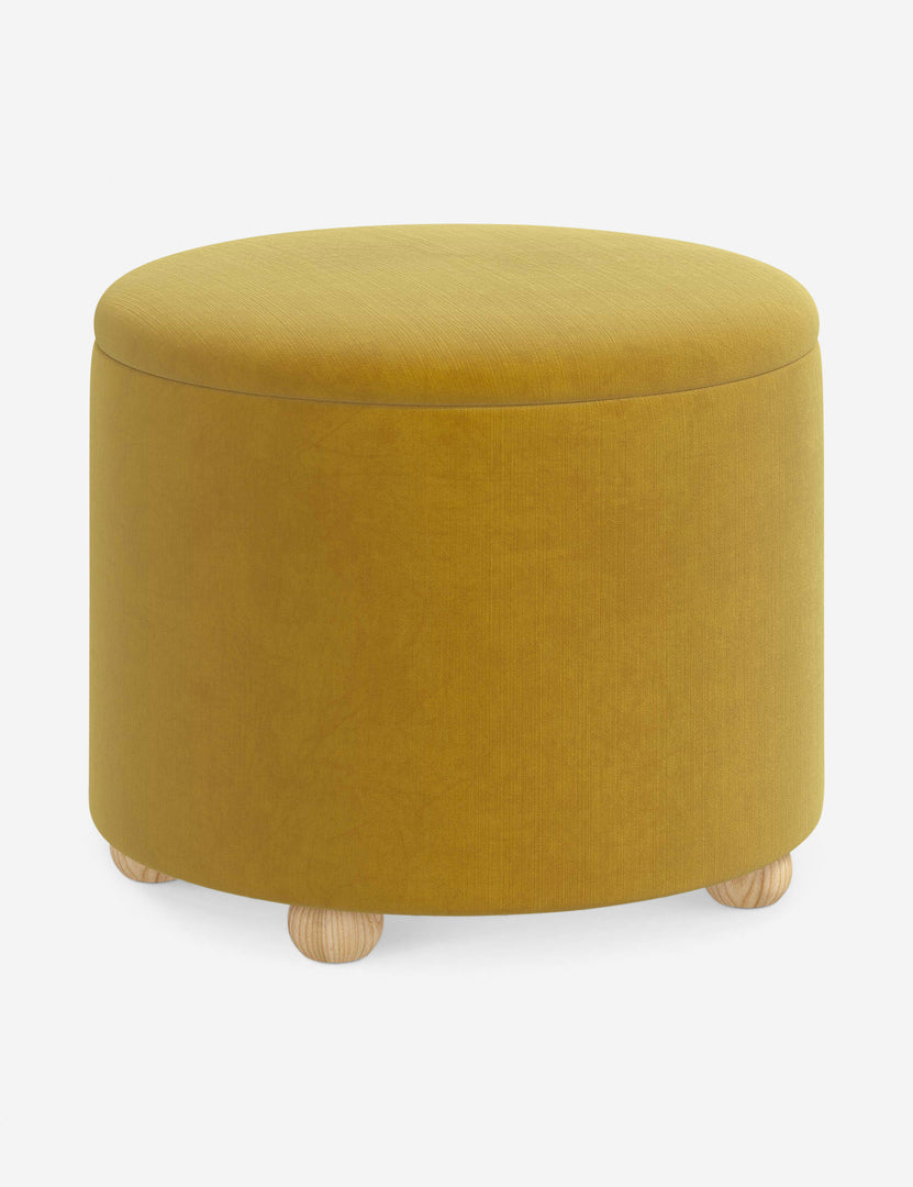 #color::citronella-velvet #size::24-Dia | Angled view of the Kamila Citronella Yellow Velvet 24-inch ottoman