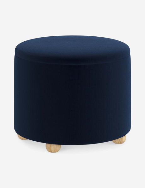 #color::navy-velvet #size::24-Dia | Angled view of the Kamila Navy Velvet 24-inch ottoman