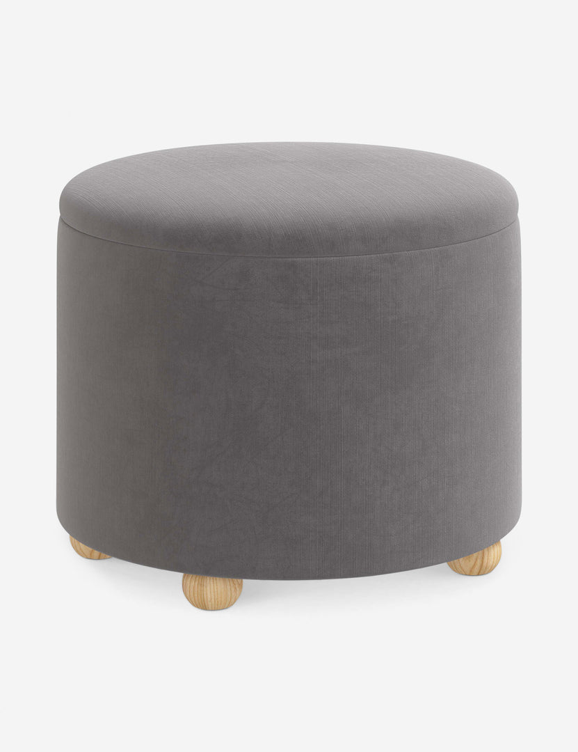 #color::steel-velvet #size::24-Dia | Angled view of the Kamila Steel Gray Velvet 24-inch ottoman