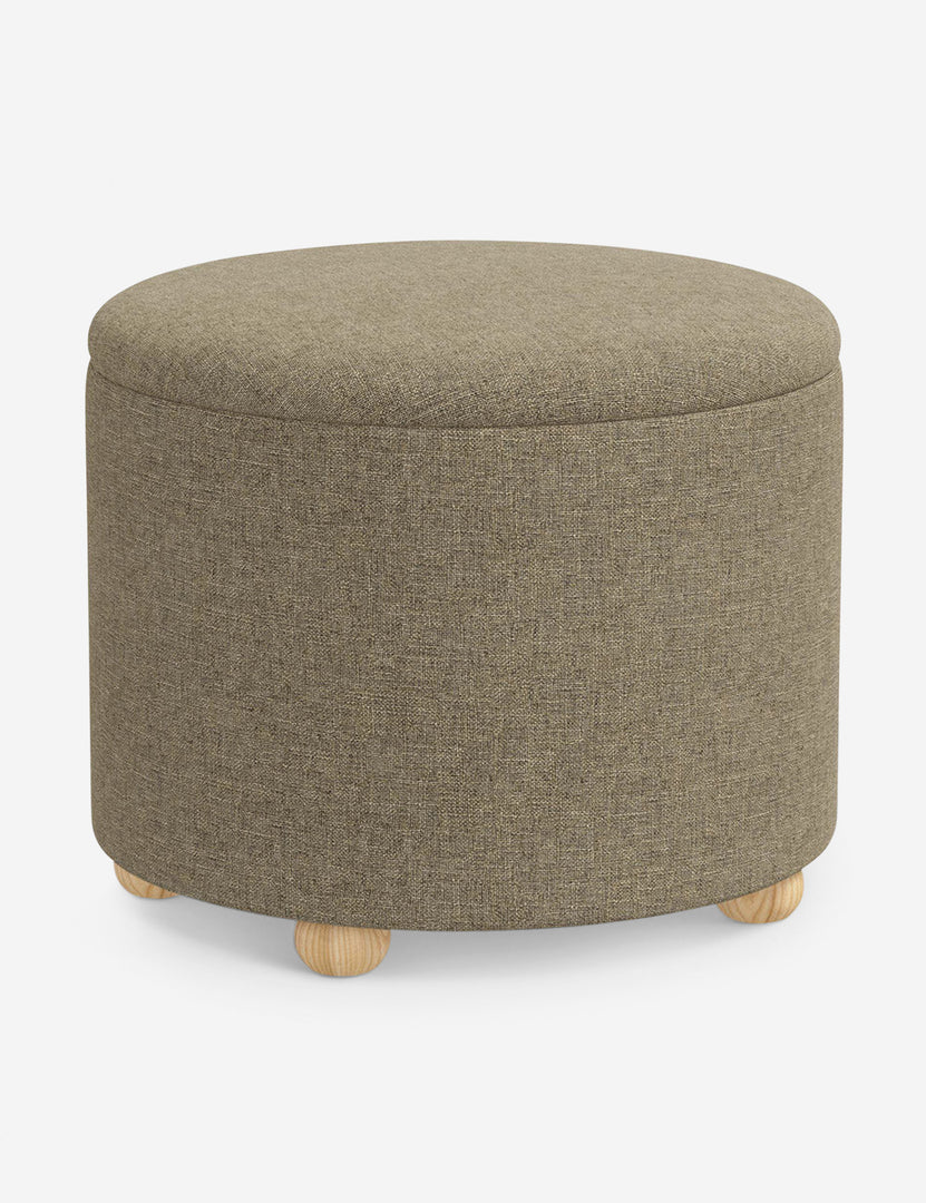 #color::pebble-linen #size::24-Dia | Angled view of the Kamila Pebble Gray Linen 24-inch ottoman