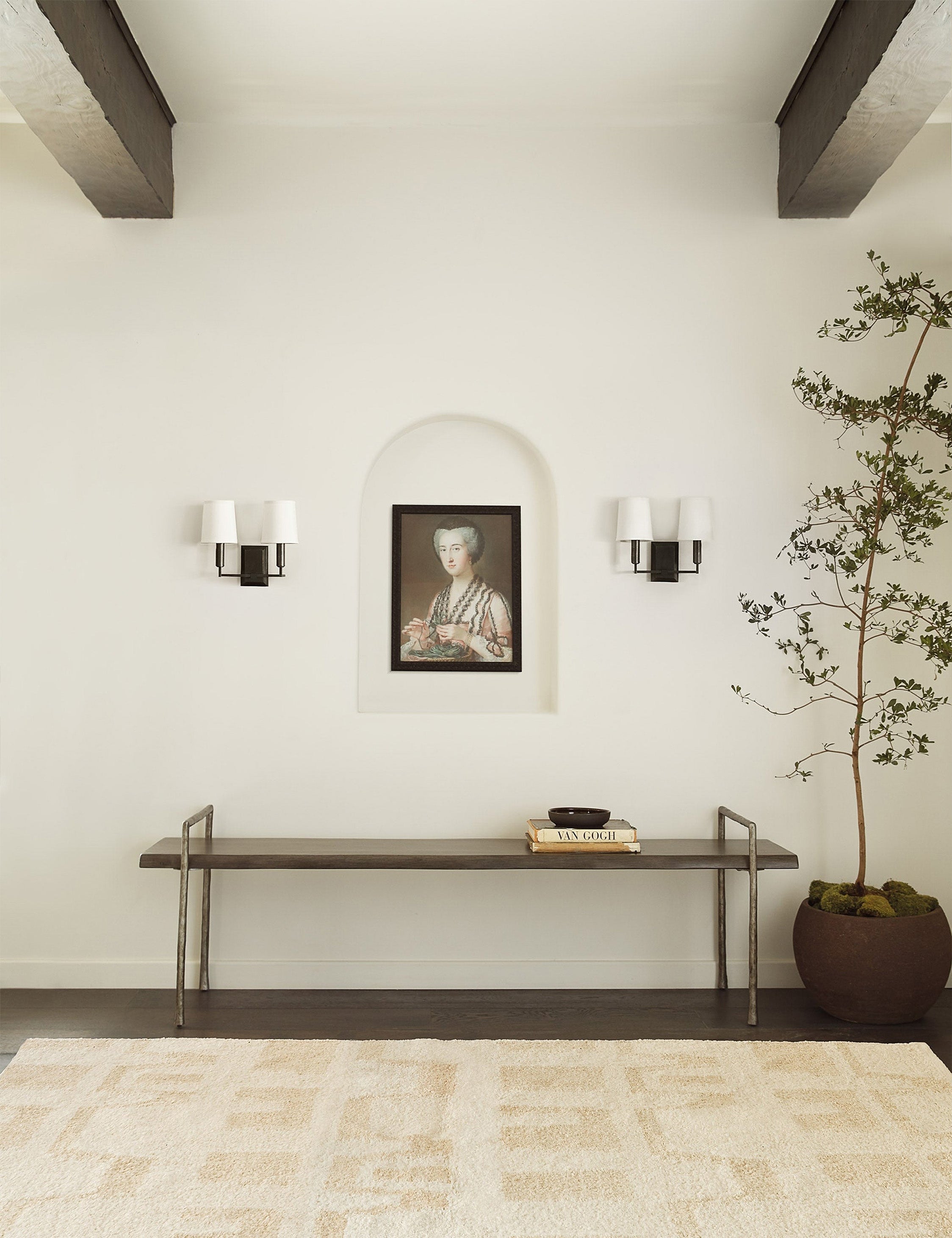 | Indrani sleek wooden bench with iron frame.
