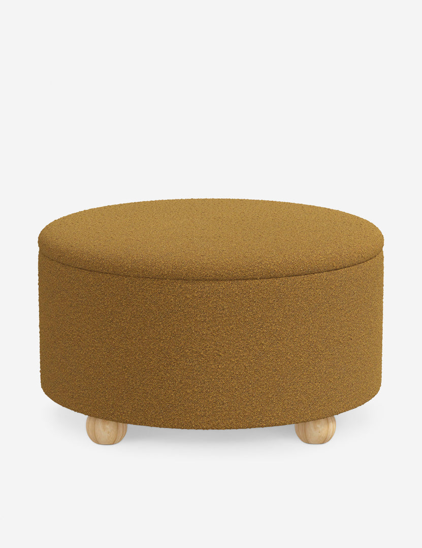 #color::ochre-boucle #size::34-Dia | Kamila Ochre Performance Basketweave 34-inch round ottoman with storage space and pinewood feet