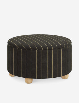 Angled view of the Kamila Peppercorn Stripe Linen 34-inch ottoman