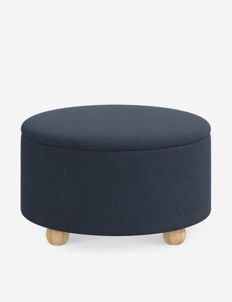 #color::navy-linen #size::34-Dia | Kamila Navy Linen 34-inch round ottoman with storage space and pinewood feet