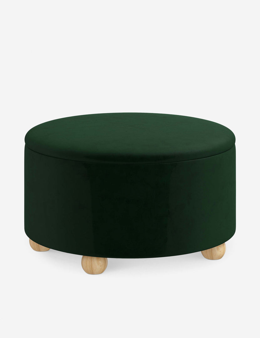 #color::emerald-velvet #size::34-Dia | Angled view of the Kamila Emerald Green Velvet 34-inch ottoman