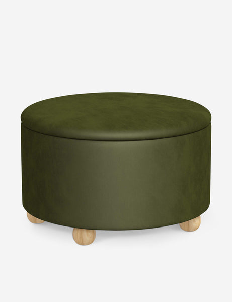 #color::pine-velvet #size::34-Dia | Angled view of the Kamila Pine Green Velvet 34-inch ottoman