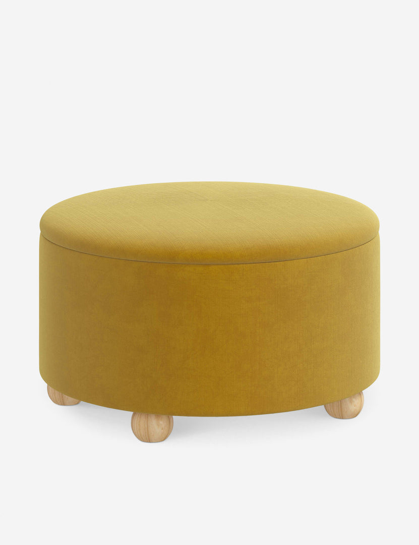 #color::citronella-velvet #size::34-Dia | Angled view of the Kamila Citronella Yellow Velvet 34-inch ottoman