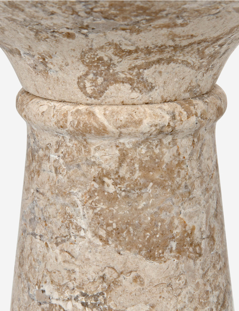 #color::beige-marble | Close up of the Braun round marble drink side table.