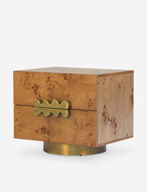 Angled view of the Bertone burl wood 2-drawer nightstand