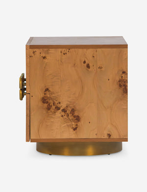 Side profile of the Bertone burl wood 2-drawer nightstand
