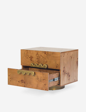 Angled view of the Bertone burl wood 2-drawer nightstand with the bottom drawer open