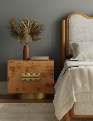 Bertone burl wood 2-drawer nightstand styled by the bedside