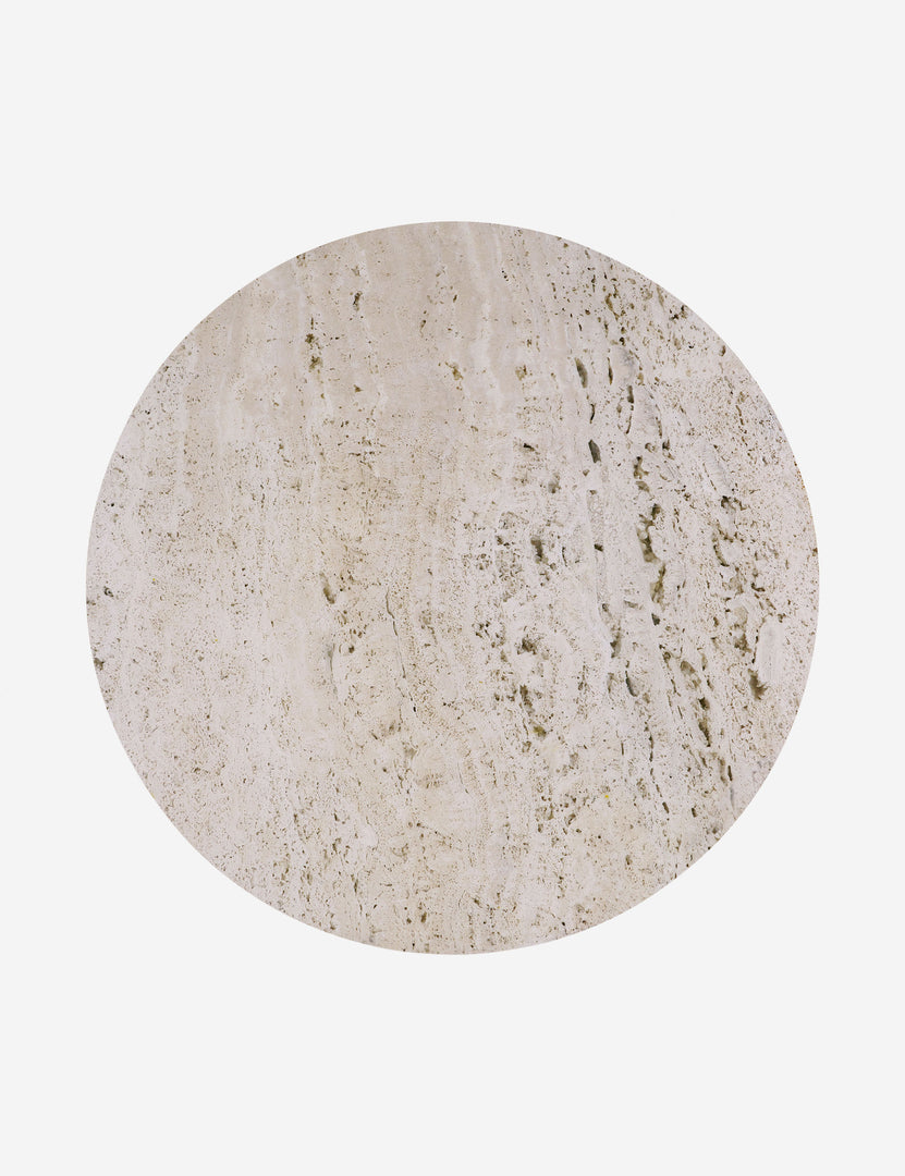 #color::dark-brown-and-travertine | Overhead view of the Aleda round travertine and wood mixed-material side table.