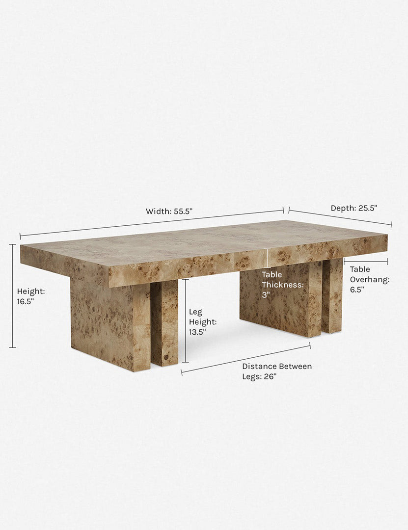 | Dimensions on the Brisa Burl Wood Coffee Table