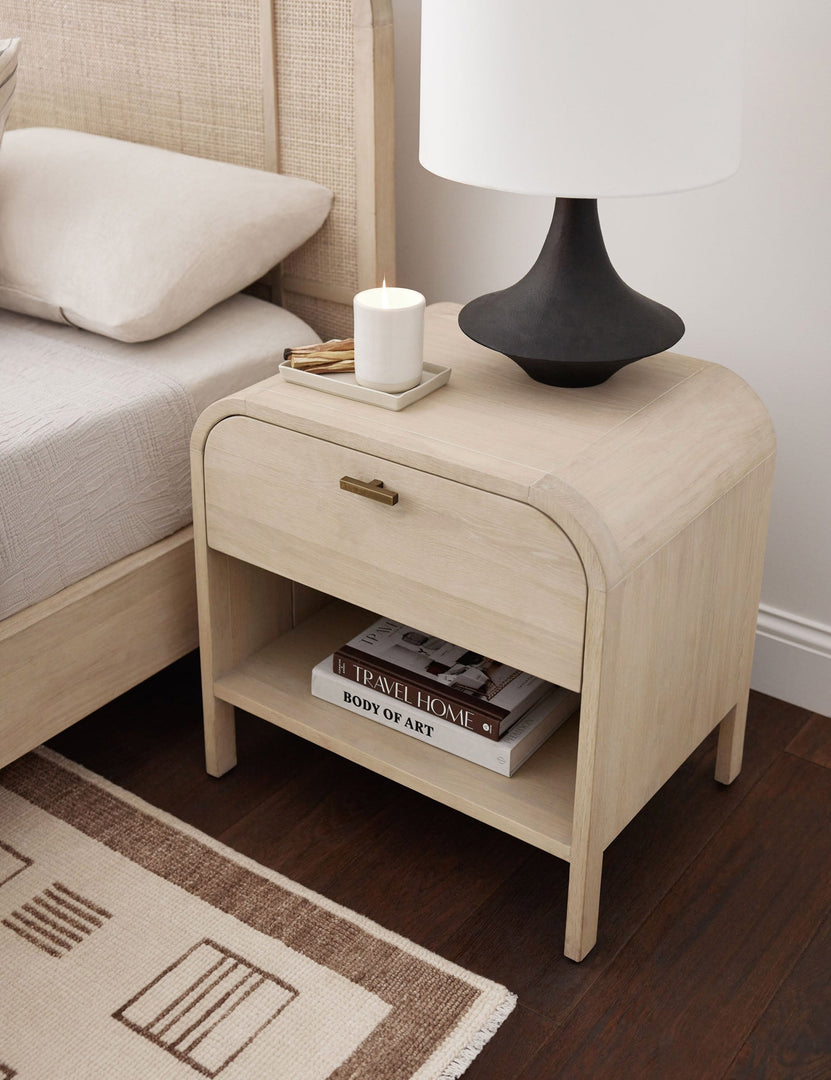 #color::natural | Brooke one drawer whitewashed nightstand with an open shelf and sleek iron pull