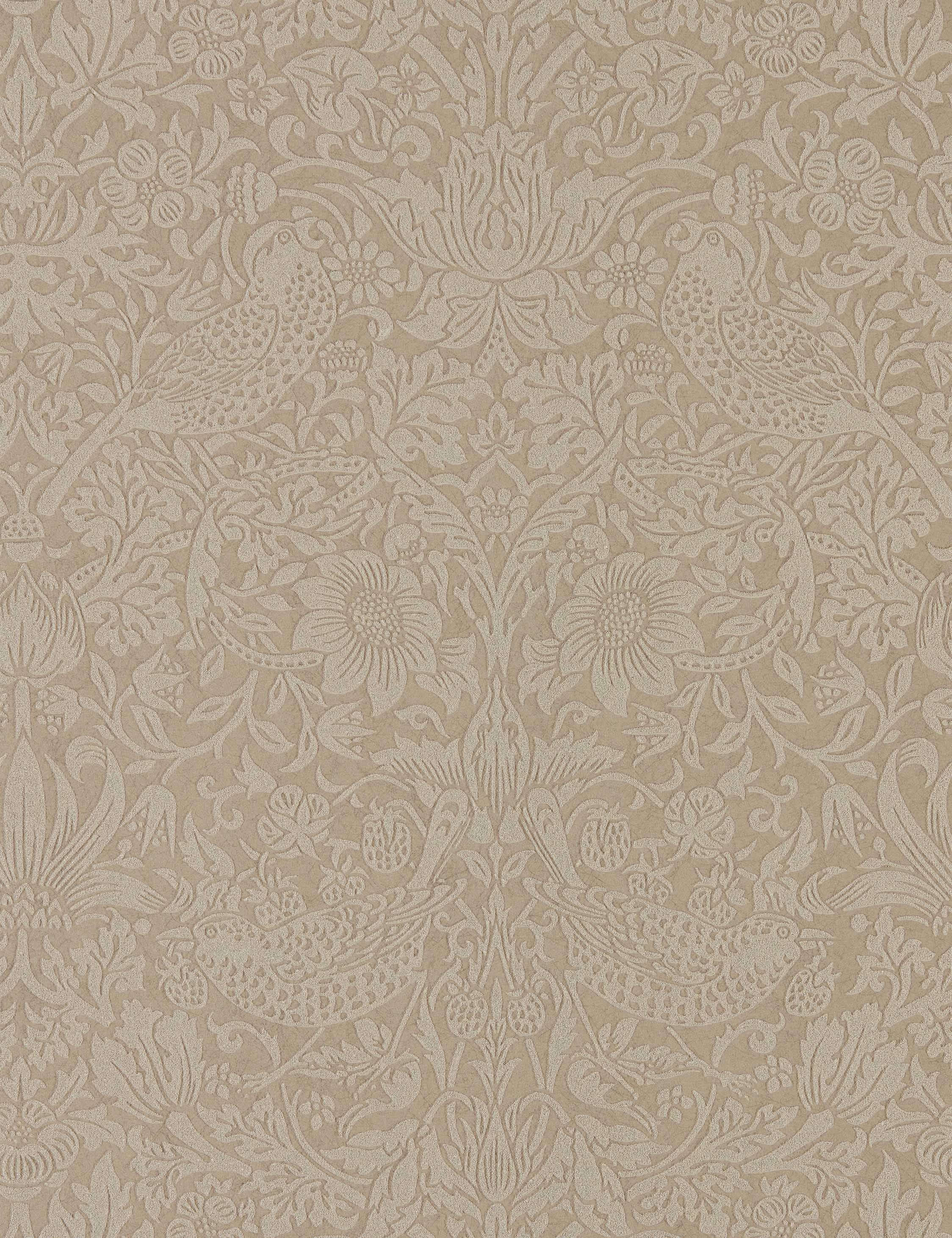 Pure Strawberry Thief Wallpaper by Morris & Co. Swatch, Taupe and Silver