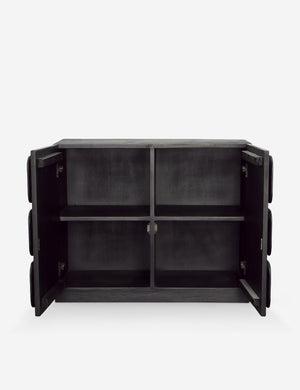 Robledo raised panel organic design sideboard cabinet in black with the doors opened.