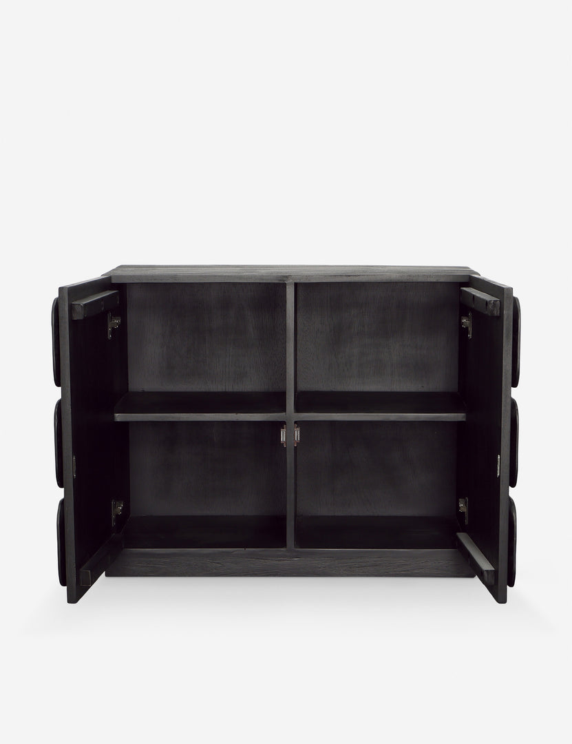 #color::black | Robledo raised panel organic design sideboard cabinet in black with the doors opened.