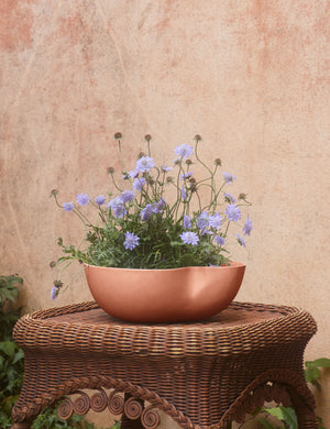 Dempsy low sculptural small planter by Sarah Sherman Samuel in Sienna filled with flowers.