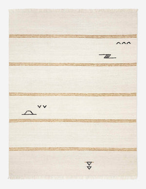 Iconic ivory stripe rug with thin, orange stripes and black small, modern symbols by Sarah Sherman Samuel