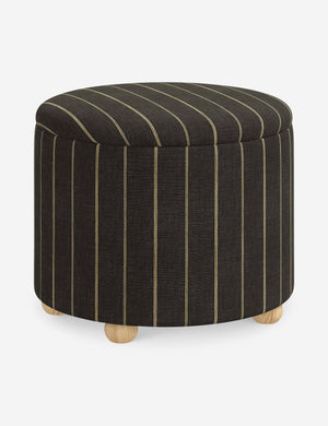 Angled view of the Kamila Peppercorn Stripe Linen 24-inch ottoman