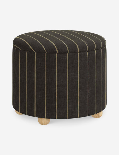 #color::peppercorn-stripe #size::24-Dia | Angled view of the Kamila Peppercorn Stripe Linen 24-inch ottoman