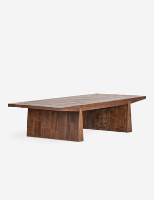 Angled view of the Mclain sculptural reclaimed wood coffee table