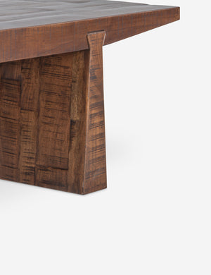 Close up of the leg of the Mclain sculptural reclaimed wood coffee table
