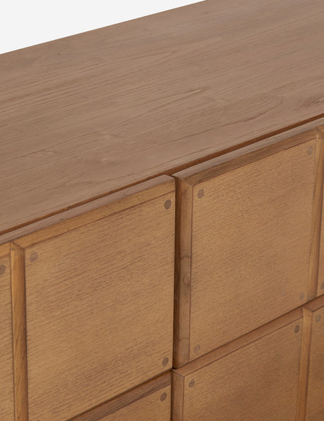 #color::russet | Close up view of the Lee blockwork design wide six drawer dresser
