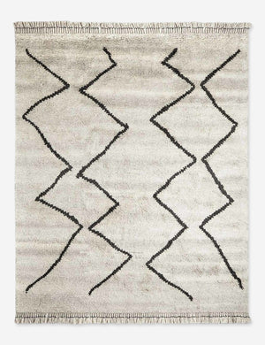 Leila gray wool hand-knotted moroccan shag rug with a black abstract diamond pattern
