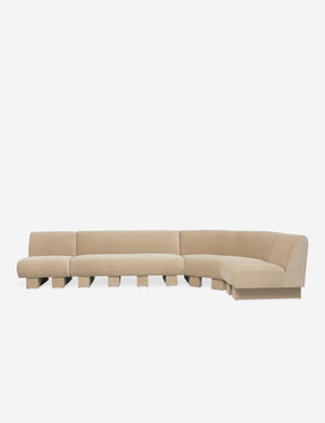 Lena right-facing beige velvet sectional sofa with upholstered beam legs.