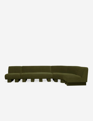Angled view of the Lena right-facing gray velvet sectional sofa with upholstered beam legs.