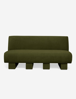 Centerpiece of the Lena gray velvet sectional sofa with upholstered beam legs