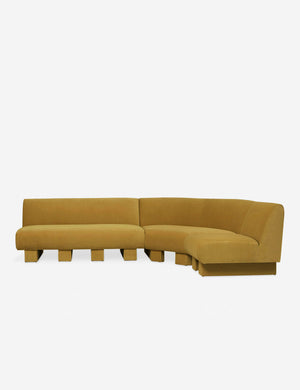Lena right-facing yellow velvet sectional sofa with upholstered beam legs.