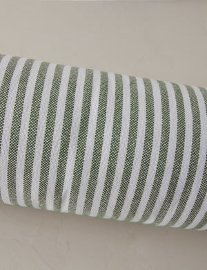 Close up of the Littu Indoor / Outdoor Striped Bolster Pillow by Sarah Sherman Samuel in Moss