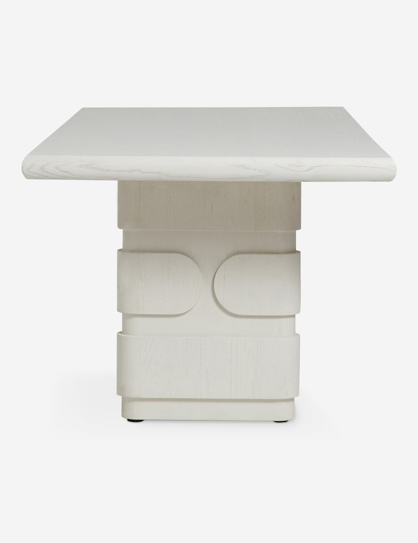 #color::white-wash | Side profile of the Lowen double pedestal base white washed dining table.