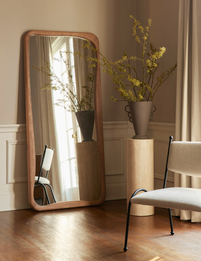 #color::cocoa #size::large | Panthea textural tapered loop handle ceramic vase by Aimee Song styled on a pedestal next to a floor mirror