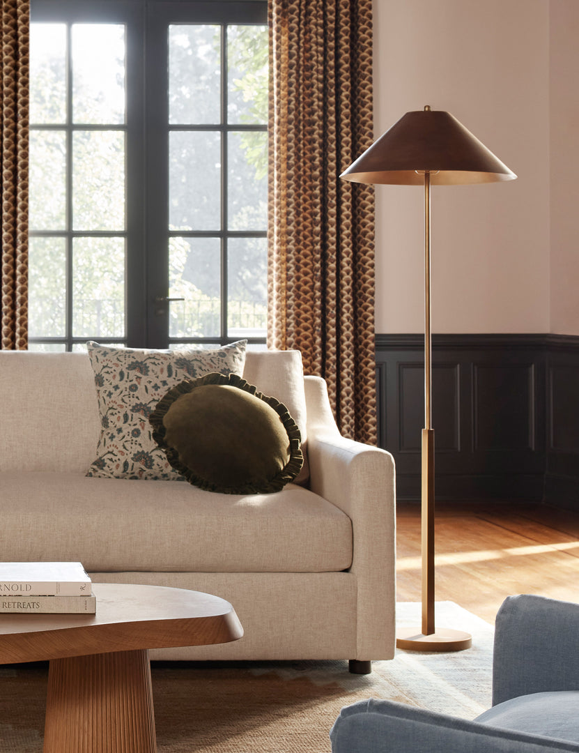 #color::brass | Tutton tapered metal shade floor lamp styled beside a sofa