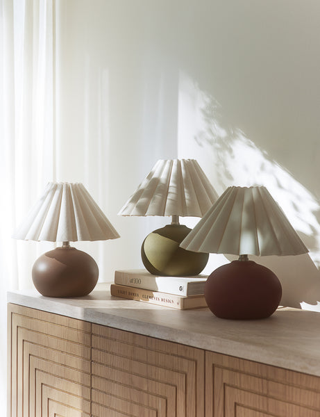 #size::mini #color::latte  #color::terracotta  #color::green | All three colors of the Luis round ceramic mini table lamp.