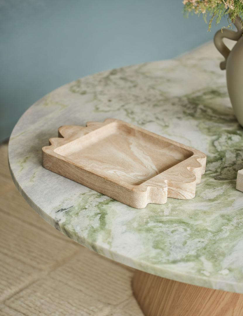 #color::travertine | Melona resin decorative tray styled on a marble top coffee table.