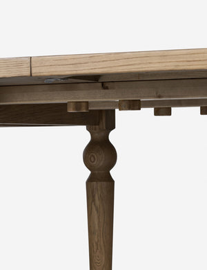 Close up of the underside of the Friese oak extendable dining table.